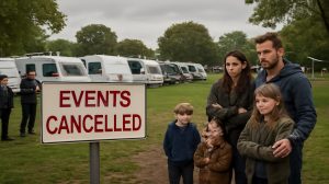 Travellers: a convoy of caravans sets up in the middle of a popular family park, events on site cancelled