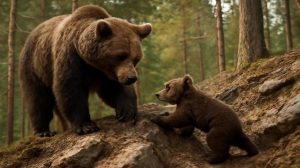 Trail camera captures emotional moment a mother bear gently encourages her struggling cub to climb uphill