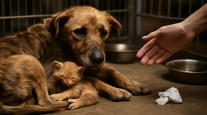 Shelter volunteers break down as an abandoned mixed breed dog refuses to leave the side of a tiny rescued kitten